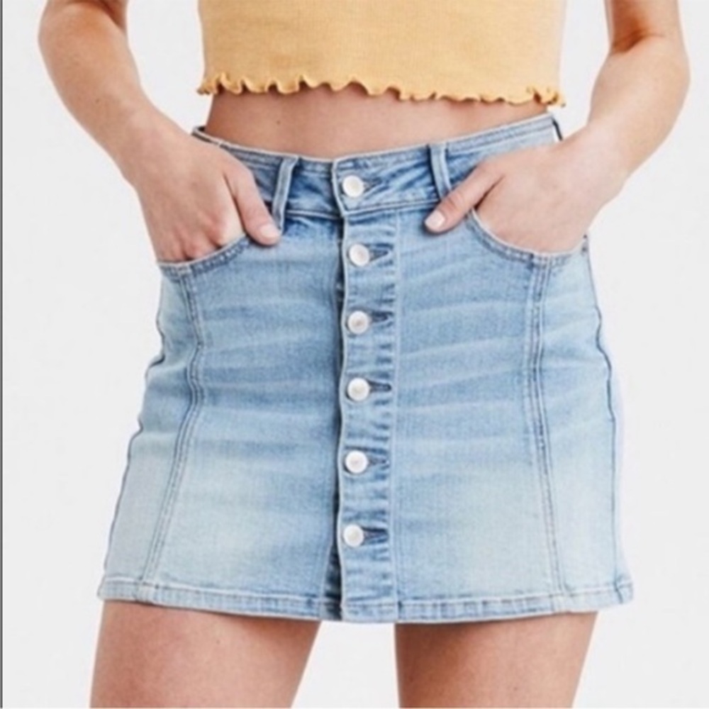 American Eagle Hi-Rise A-Line Button Front Denim Mini Skirt